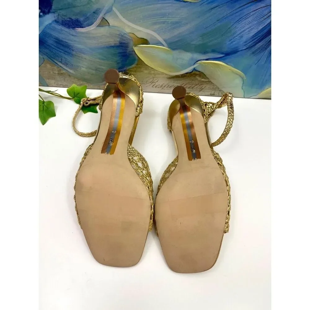 New Sam Edelman Gold Woven Kitten Heels Metallic Strappy Square Toe Sandals 8.5
